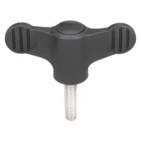 Wing knob with threaded stud for manual clamping, positioning, and adjustment on machinery, jigs, and fixtures. Plastic body with steel M6 thread, 20 mm thread length, 50 mm diameter. Wing design enables hand tightening without tools