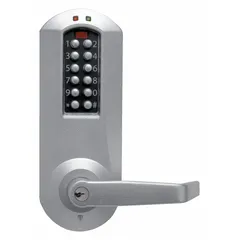 Keypad-operated electronic keyless lockset in chrome finish. ADA compliant for accessibility. Provides keyless entry for commercial or institutional doors such as offices, schools, or healthcare facilities. Includes Kaba 90 Keyway for key override access.