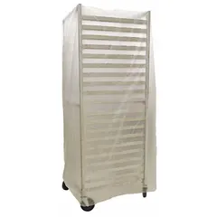 This clear polyethylene pan rack cover is designed to protect sheet pans and food storage racks from dust and debris in commercial kitchens and food service environments. It measures 24 inches deep and 80 inches high, allowing visual inspection of contents without removal. Not insulated and not NSF certified.