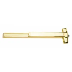 Rim-type exit device with touchbar for doors up to 3 ft wide. Features brass night latch outside trim. ADA compliant. Suitable for commercial egress applications.