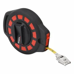 Manual open-reel long tape measure with a steel blade, double-sided 1/8 in graduations, and nonmagnetic single hook end. Plastic case. Suitable for measuring long distances in construction, surveying, and industrial layout work.