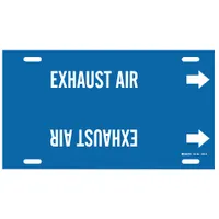 This strap-on pipe marker identifies exhaust air lines in piping systems. The blue background with white legend and directional arrows ensures clear visibility. Designed for pipe outer diameters of 8 to 9-7/8 inches, it is suitable for industrial facilities requiring pipe content identification