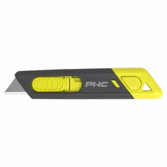 This automatic retracting utility knife features a textured metal body with a slide release button and a carbon steel rounded tip. The blade retracts automatically when not in use to reduce the risk of accidental cuts. Suitable for cutting cardboard, plastic strapping, and packaging materials in warehouses and shipping departments.