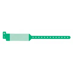 Green plastic security wristband with no pre-printed legend, allowing custom labeling. Overall length 11 3/4 in, width 1 5/8 in. Supplied in packs of 500. Suitable for identification and access control in events, hospitals, and industrial facilities.