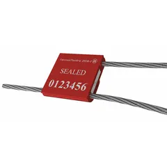 Steel adjustable-length cable seals with a 12-inch cable length and 3/32-inch cable diameter. White sequential numbering and barcode with 'Sealed' marking. Supplied in a 50-pack. Used for tamper-evidence and securing cargo, meters, and industrial equipment.