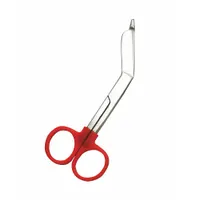 Reusable bandage scissors with 5 1/2 in overall length. Stainless steel angled blades allow safe cutting close to the skin. Red plastic handle. Used for cutting medical dressings, bandages, and tape in healthcare and first aid settings