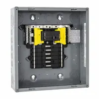 Indoor main breaker load center for 120/240V AC single-phase systems. Rated 100A with 12 spaces and 22kA short-circuit current rating. Supports up to 12 tandem breakers. Convertible, plug-on neutral design. Enclosure cover ordered separately
