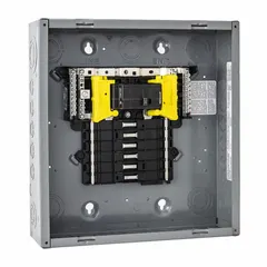 Indoor main breaker load center for 120/240V AC single-phase systems. Rated 100A with 12 spaces and 22kA short-circuit current rating. Supports up to 12 tandem breakers. Convertible, plug-on neutral design. Enclosure cover ordered separately.