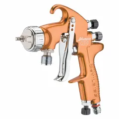 This HVLP spray gun from DEVILBISS features an aluminum body and a 1/4 in NPS air inlet. It is designed for applying glazes, dyes, lacquers, paints, and stains in industrial finishing operations. The high-volume, low-pressure design minimizes overspray and improves transfer efficiency.
