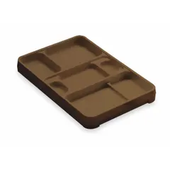 Brown rock food tray with 7 compartments, overall length 14 1/4 in and width 9 1/2 in. Designed for secure meal service in correctional facilities where break-resistant compartmentalized trays are required. Not NSF certified.