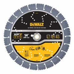 This 14 in diamond saw blade with a 1 in arbor is designed for wet or dry cutting. It is suitable for use on small flat saws for cutting concrete, block, brick, and asphalt.