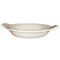 Vitrified stoneware dish in American White finish. Overall dimensions: 9 in length, 7 1/4 in width, 1 1/2 in depth. Suitable for preparing and serving shirred eggs, rarebits, and au gratin dishes in foodservice settings