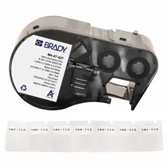 Vinyl wraparound label cartridge for wire identification on 16 AWG to 8 AWG conductors. White matte finish provides a clear surface for printing. Compatible with Brady M510 printer series and requires R4300 ribbon. Used for cable marking in control panels, machinery, and electrical installations.