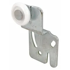 This hanging door roller measures 2 1/2 inches in length and 3 3/4 inches in width, with a maximum weight capacity of 60 lb per pair. It is used in sliding door applications to support and guide door movement, suitable for residential or light commercial sliding doors.