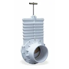 PVC rising stem gate valve with slip x slip connections, lever operator, and solid wedge. Rated for 10 psi CWP. Suitable for on/off flow control in low-pressure water or corrosive fluid systems where PVC material compatibility is required.