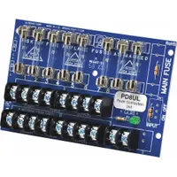 The ALTRONIX PD8UL is an 8-output fused power distribution module for 12/24V DC systems. Constructed from phenolic/fiberglass, it distributes power from a single input to eight individually fused outputs, providing overcurrent protection for each circuit. Suitable for organizing power distribution in access control, security, and low-voltage applications