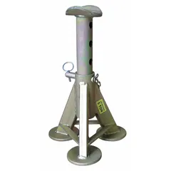 AME medium-duty jack stands with a 10-ton load capacity, pin adjustment, and a U-notch saddle. The triangle-shaped aluminum base provides stability while keeping weight low. Minimum height is 11-1/4 in, maximum extended height is 18 in. Sold as a pair (1 PR). Suitable for supporting vehicles and equipment during maintenance or repair in automotive and industrial settings.