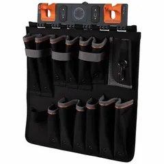 This aerial bucket tool storage apron is constructed from black polyester and measures 2 3/16 inches wide by 19 1/2 inches high. It is designed to organize tools within an aerial bucket workspace, keeping frequently used tools within easy reach for overhead line maintenance and installation tasks.