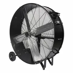 Standard industrial floor fan with 36-inch aluminum blade, powered by a 1/4 hp belt-drive motor. Operates at 120V AC with two speeds. Suitable for air circulation in warehouses, factories, and workshops.