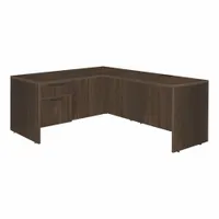 Double pedestal desk with a Walnut particle board desktop and Neo Walnut particle board frame. Includes one pedestal with two drawers and a modesty panel. Overall dimensions: 66 in wide by 29 in high. Suitable for office or home workspace use
