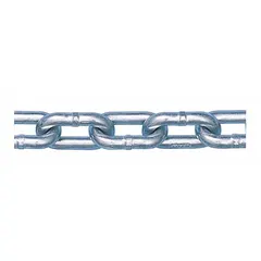 This Grade-30 load-securing chain is made of galvanized carbon steel with a straight-link design. It is used for general-purpose load binding and tie-down applications in transportation, construction, and industrial settings.