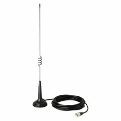 This black helical antenna operates on the VHF band and is compatible with President Bill series radios as well as Cobra, President, Radioddity, Stryker, and Uniden units. It is suited for two-way radio communication in mobile and industrial settings.