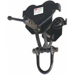 This push trolley is designed for suspending and manually moving a hoist along a flat beam. It accommodates beam flange widths from 4 to 8 inches and supports a maximum hoist load of 6,000 lb. The frame is constructed of cast iron for structural support.