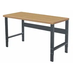 This hardwood-top workbench measures 72 by 30 inches and features adjustable height for versatile use in assembly, maintenance, and repair tasks. The black finish and included stringer provide stability for heavy-duty work in industrial settings.