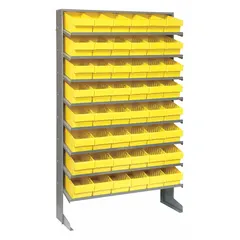 Steel frame pick rack with 48 yellow closed-front bins. Gray frame, 8 shelves, single-sided access. Bins measure 4-5/8 in x 5-9/16 in x 11-5/8 in. Suitable for organizing small parts in warehouses and distribution centers.