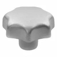 This stainless steel hand knob features a 7-point, 4-prong design with a matte finish and a threaded hole for mounting. It is suited for manual adjustment and clamping on industrial machinery, fixtures, and equipment where corrosion resistance is required