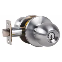 This classroom knob lockset from FALCON LOCK features a chrome finish and is ADA compliant. Designed in the Hana style, it is suitable for securing classroom doors in educational and commercial settings