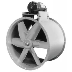 This unassembled belt-drive fan is designed for emergency smoke exhaust in industrial and commercial buildings. It features a 48-inch blade, delivers 31,260 cfm at 0.000 in SP, and is powered by a 5 hp, 230V AC single-phase capacitor-start capacitor-run motor with a totally enclosed fan-cooled enclosure. The fan is intended for horizontal mounting and includes a drive package. Not rated for hazardous locations.