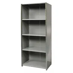 This HALLOWELL medium-duty standalone closed metal shelving unit measures 48 inches wide by 24 inches deep with an overall height of 84 inches. It includes five steel shelves and is finished in gray. The unit is unassembled and constructed entirely of steel, suitable for organizing tools, parts, and supplies in warehouses, factories, and commercial facilities.