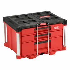 Polymer tool box with drawers in black/red finish. Measures 22 3/16 in W x 14 5/16 in H x 16 5/16 in D. Includes a Security Bar and three Quick-Adjust Dividers for organizing tools and accessories. Suitable for job site storage and transport of hand tools and power tools.