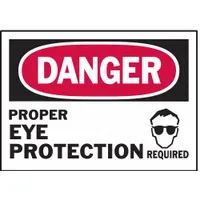 Adhesive-mounted polyester sign indicating danger requiring proper eye protection. Nominal size 3 1/2 x 5 inches, 0.01 inch thick. Pack of 5. Not retroreflective, not glow-in-the-dark, no anti-slip surface. Suitable for marking areas where eye protection is mandatory in industrial environments