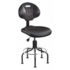 This armless drafting chair features a black steel frame and a plastic seat with 18 1/2 in width and 17 in depth. The non-tilting back and armless design allow easy movement and positioning at drafting tables or workstations. Suitable for tasks requiring close access to a work surface.