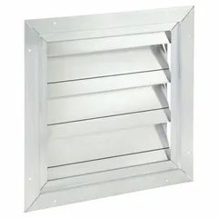 This wall-mount backdraft damper features a single panel with flat blades, constructed of aluminum. It is designed for vertical mounting and horizontal airflow, with a maximum air velocity of 2250 fpm. Commonly used in ventilation systems to prevent reverse airflow when the fan is off.