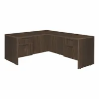 Double pedestal desk with a Walnut particle board desktop and Neo Walnut particle board frame. Includes two pedestals with four drawers total and a modesty panel. Overall width 60 inches, height 29 inches. Suitable for office or home workspace use