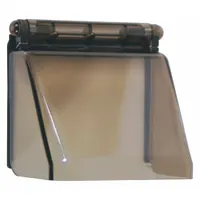 This polycarbonate wall fixture guard is designed for indoor use with keypads. It features a smoke color and includes mounting hardware for surface mounting on walls. The cover helps protect against vandalism and damage