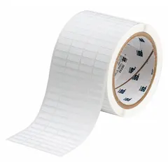 Precut label roll for tamper-indicating applications. Labels measure 13/64 in x 21/32 in with a 13/64 in width, white matte finish. Compatible with THT printer series. Destructible material leaves a tamper-evident pattern upon removal, suitable for asset identification and security seals.