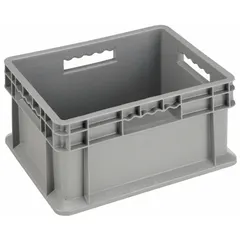 This plastic solid straight-wall container has a 6.7-gallon capacity and measures 15 3/4 x 11 3/4 x 8 1/4 inches. Its stacking-capable design allows for vertical storage in warehouses, manufacturing floors, and distribution centers. The gray container is suitable for organizing parts, tools, and materials.