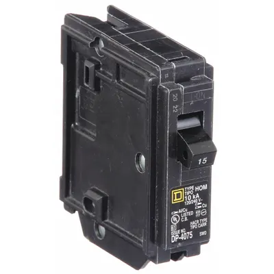 SQUARE D Miniature Circuit Breaker: 15 A, 120V AC, Single Phase, 10kA at 120V AC - HOM Series, Plug-In Square D Miniature Circuit Breakers