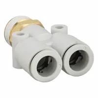 This SMC push-fit wye fitting is constructed from polybutylene and brass with a white finish. It connects 10 mm OD tubing to a 3/8 in pipe thread, allowing for splitting or combining pneumatic lines in industrial automation and material handling systems