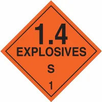 This BRADY placard measures 10 3/4 inches by 10 3/4 inches and displays the message '1.4 Explosives S 1'. It is used for identifying Class 1 explosives during transport, storage, or handling to meet DOT hazardous material marking requirements