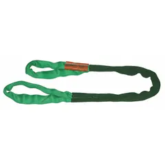 Polyester round sling with polyester sleeve and nylon cover, 19 ft length. Used for lifting and rigging heavy loads in industrial settings such as construction, manufacturing, and warehousing.