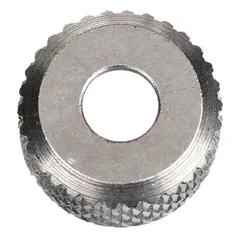 Set of five packing nuts for Binks paint spray guns. These nuts secure the packing assembly in the fluid section, helping to prevent leaks. Compatible with manufacturer model number 2100-5111-5. Used in industrial finishing and coating applications.