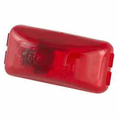Red incandescent rectangular clearance light with grommet mount and PL-10 connector. Meets SAE lens code P2. Used on trucks, trailers, and heavy equipment to mark vehicle width and height.
