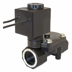 This 2-way/2-position normally closed solenoid valve features a 3/8 in pipe size and operates on 24V DC. It is designed for remote pilot applications in industrial fluid control systems, providing on/off control of liquids or gases. The dust tight coil enclosure protects the solenoid in demanding environments.