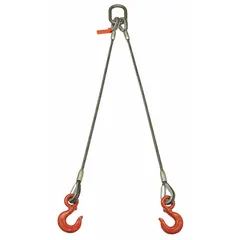 Two-leg bridle wire rope sling made of steel with uncoated rope. Rated capacity 2,200 lb at a 60-degree angle. Used for lifting and rigging balanced loads in industrial applications such as construction, manufacturing, and warehousing.