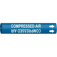 This snap-on pipe marker identifies compressed air lines. It features a blue background with white legend and directional arrows. Designed for pipe outer diameters from 1-1/2 to 2-3/8 inches. Suitable for industrial piping systems requiring clear content identification.
